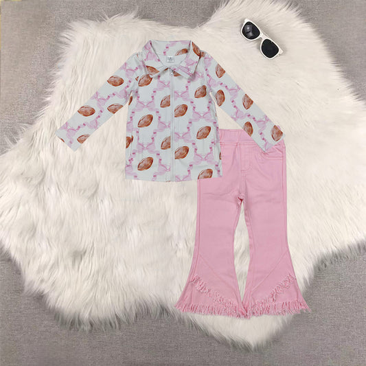 RTS NO MOQ（In Stock) GT1088+P0463 yoga rugby bow zipper long sleeve top Pink tassel elastic waist denim pants sets