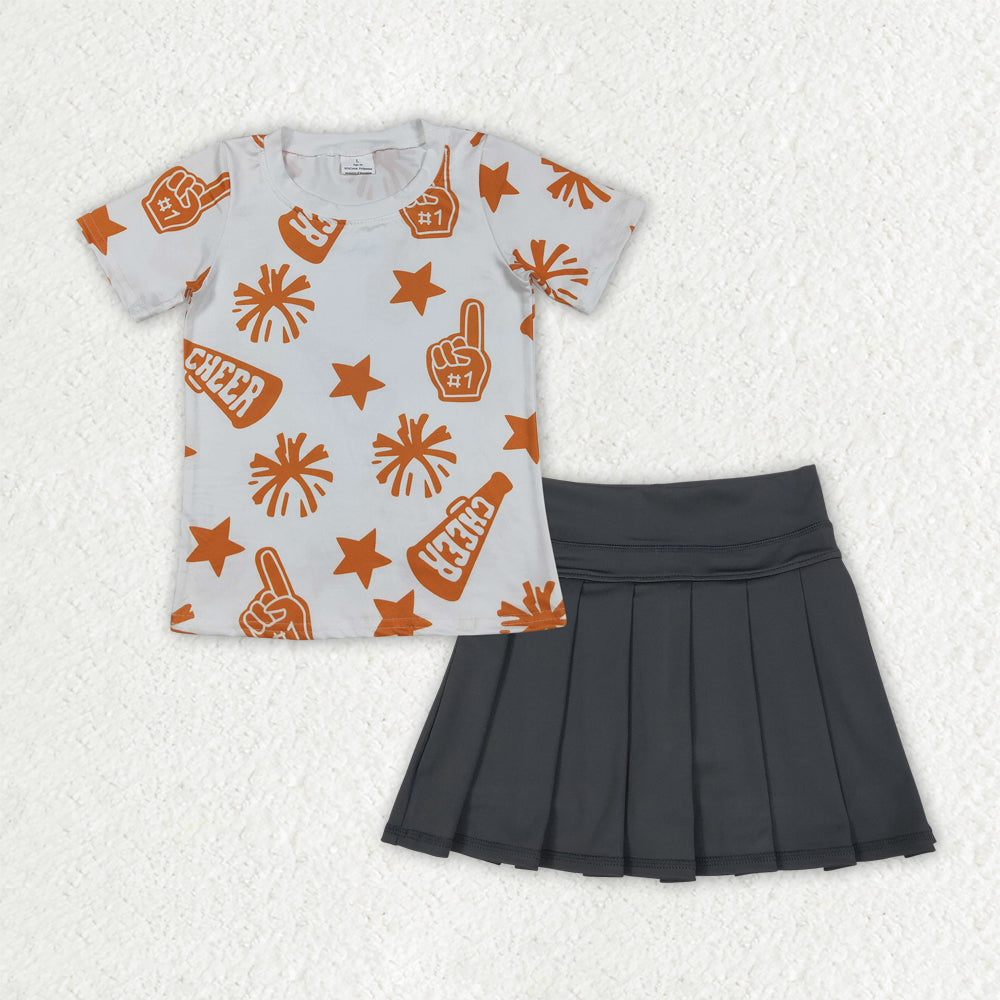 RTS NO MOQ GT1090+GLK0087 Cheer orange fireworks star white short-sleeved top solid black yoga skirt sets