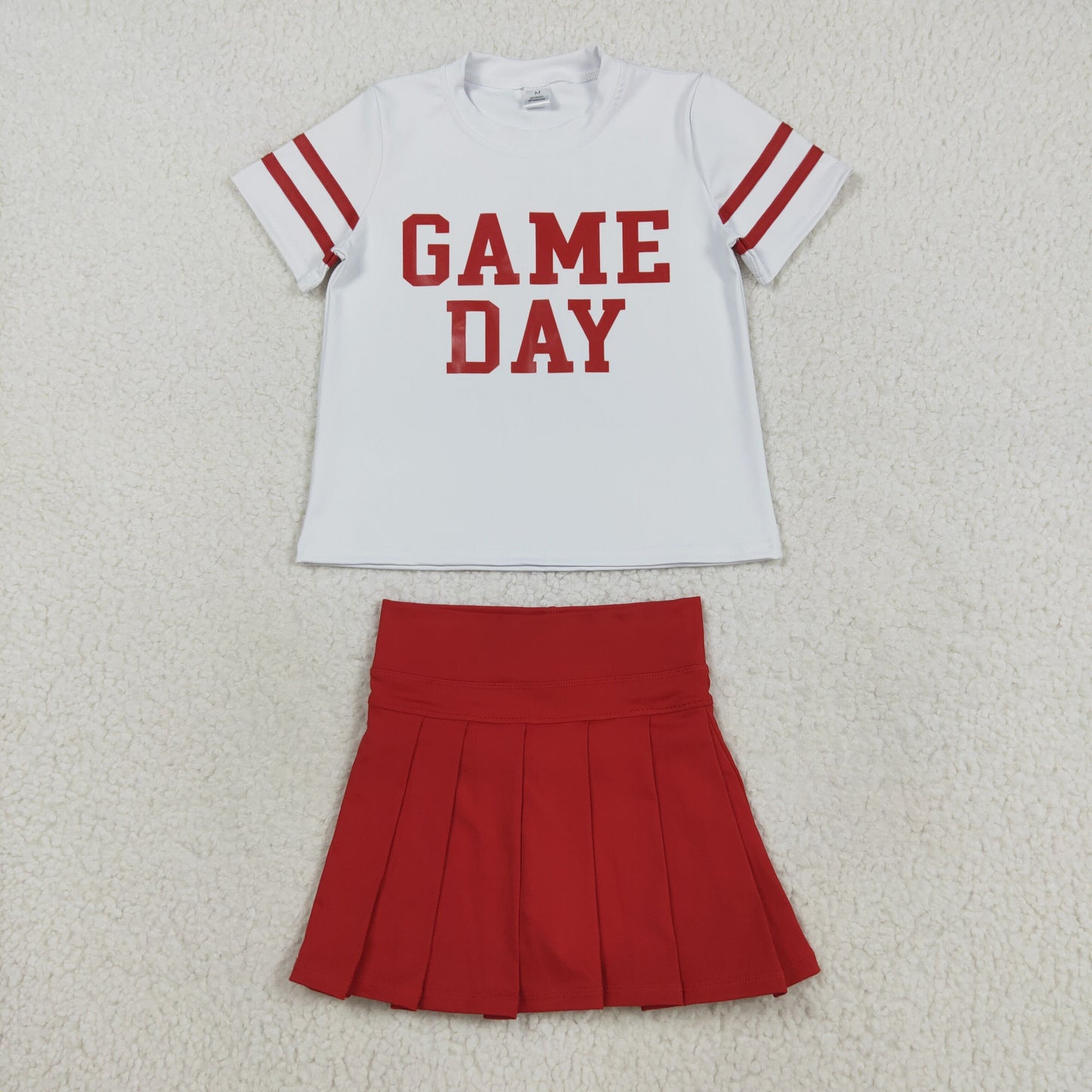 RTS NO MOQ（In Stock) GT1102+GLK0125 Game Day white yoga short-sleeved top with offset red lettering and stripes Solid red yoga skirt set