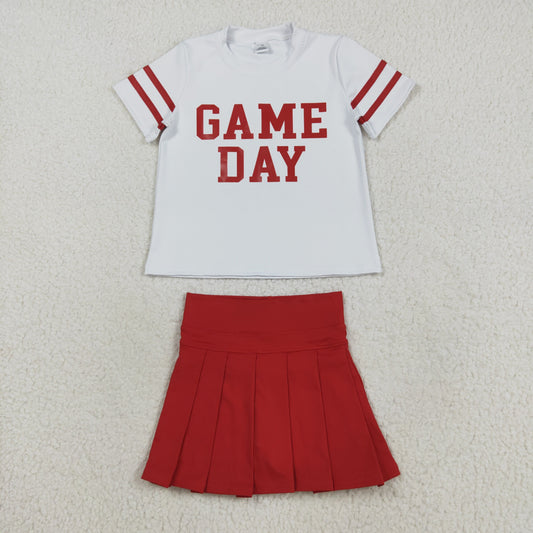RTS NO MOQ（In Stock) GT1102+GLK0125 Game Day white yoga short-sleeved top with offset red lettering and stripes Solid red yoga skirt set