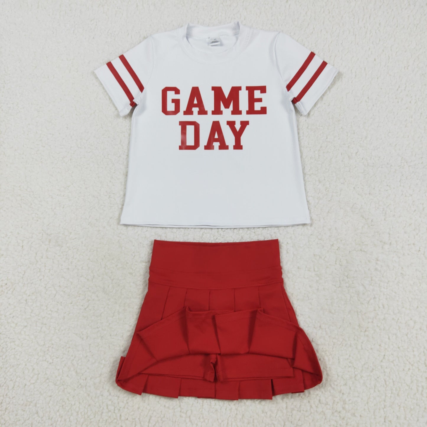 RTS NO MOQ（In Stock) GT1102+GLK0125 Game Day white yoga short-sleeved top with offset red lettering and stripes Solid red yoga skirt set