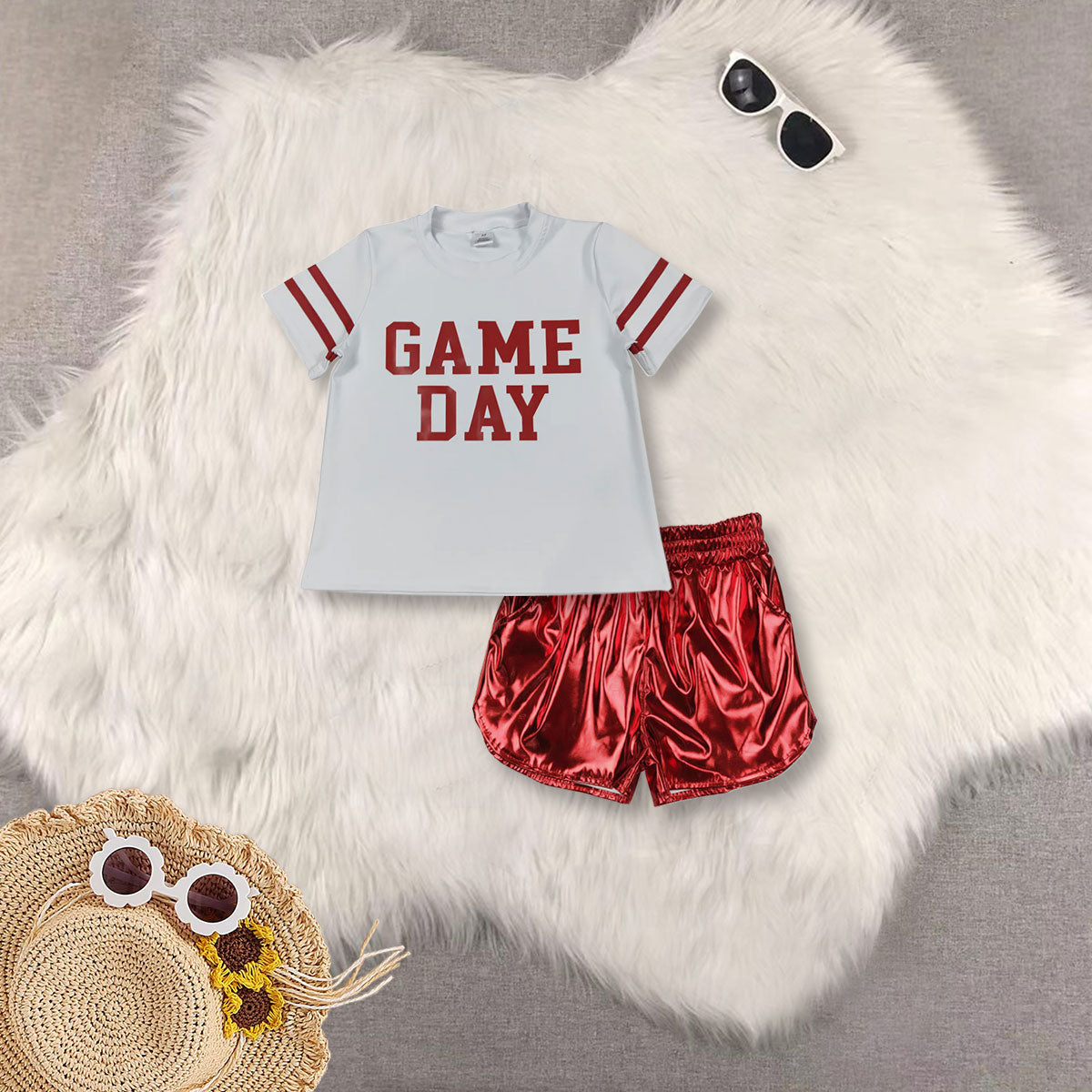 RTS NO MOQ Sibling baby girls clothes Game Day White short-sleeved yoga top sets