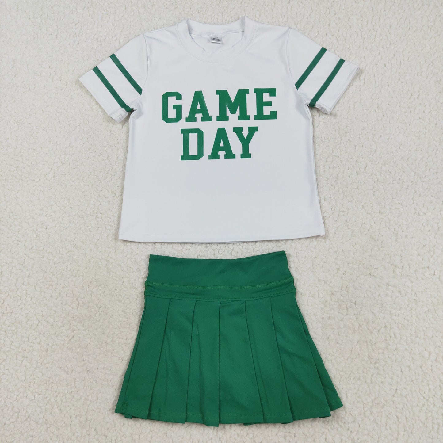 RTS NO MOQ Sibling baby girls clothes Game Day White short-sleeved yoga top with offset green lettering and stripes Solid green yoga skirt set