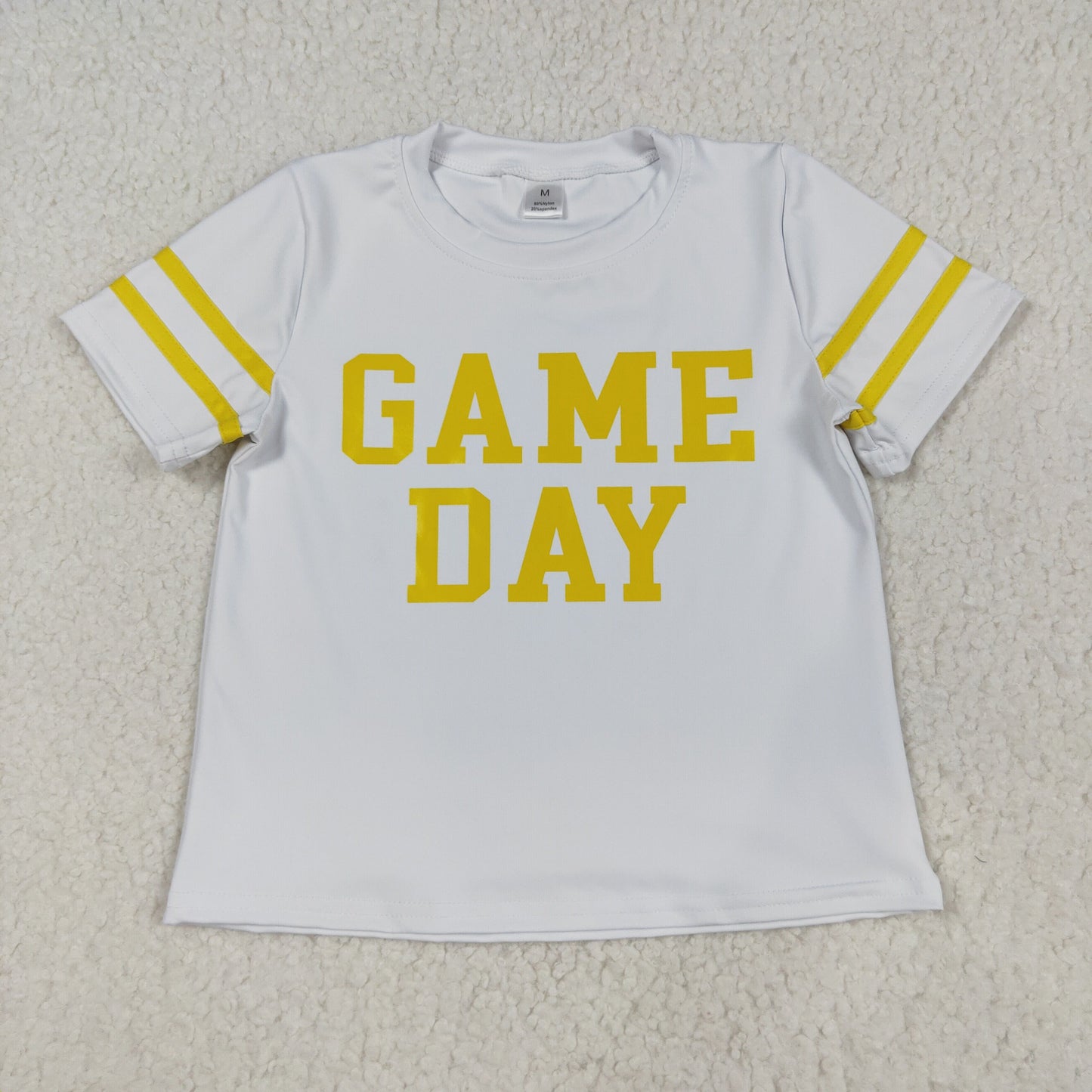 RTS NO MOQ（In Stock) GT1115 Game Day white yoga short-sleeved top with offset gold lettering and stripes