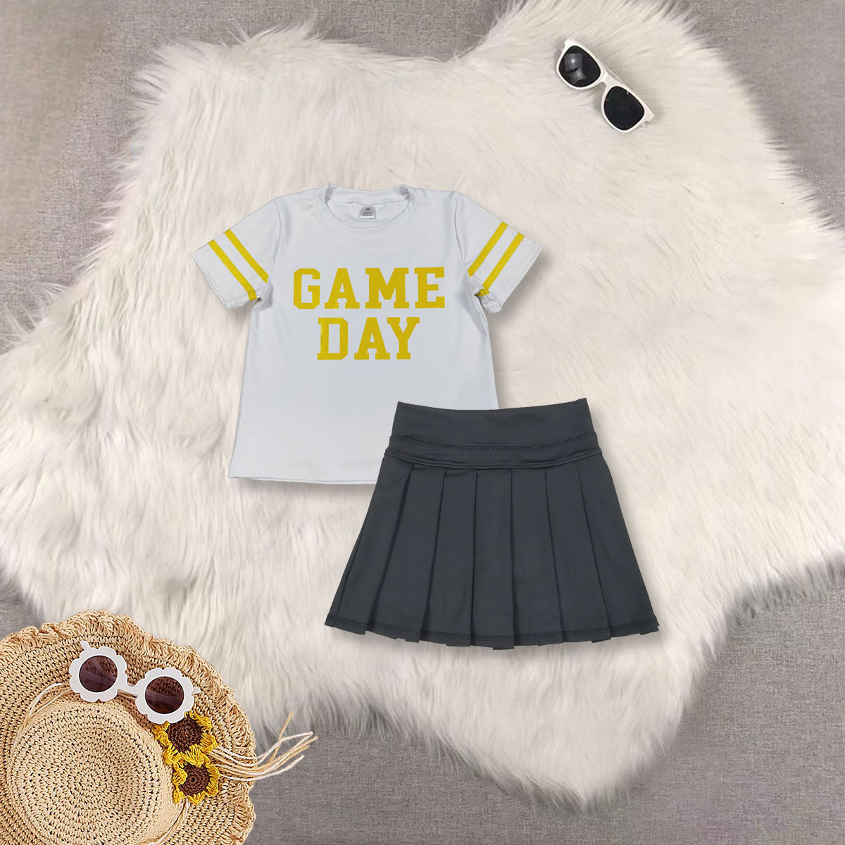 RTS NO MOQ Sibling baby girls clothes Game Day White short-sleeved yoga top with offset green lettering and stripes Solid green yoga skirt set