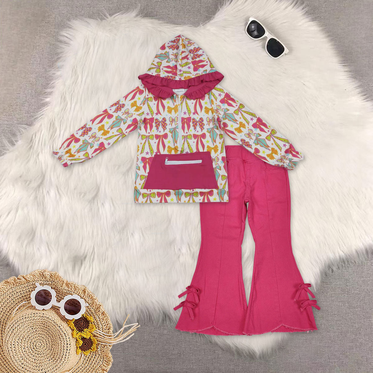 RTS NO MOQ（In Stock) GT1121+P0731 bow hooded long sleeve top tassel elastic waist denim pants sets