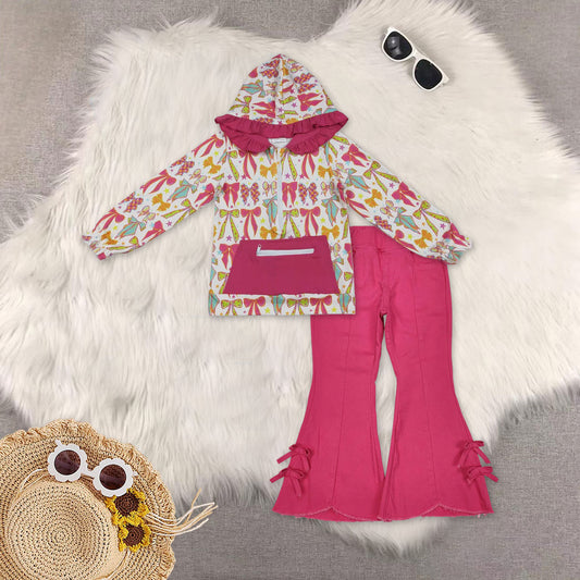 RTS NO MOQ（In Stock) GT1121+P0731 bow hooded long sleeve top tassel elastic waist denim pants sets