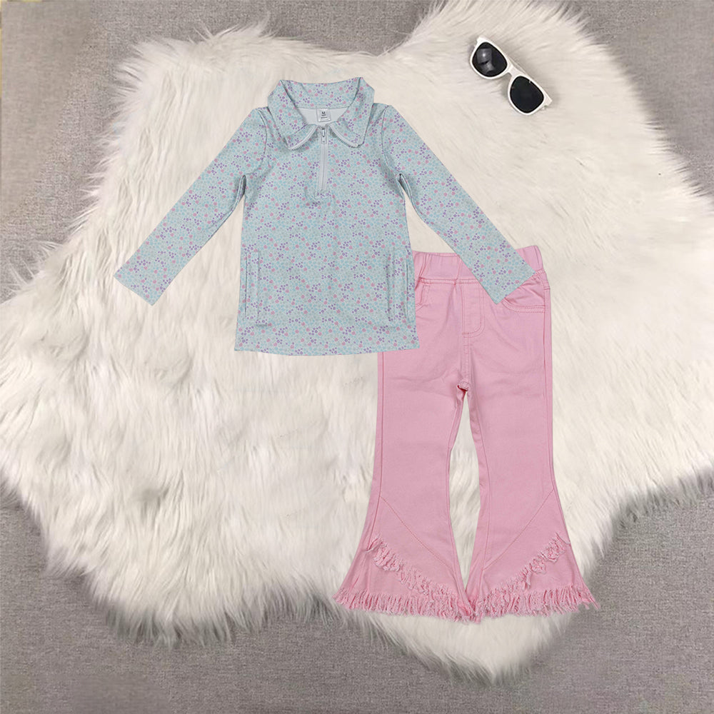 RTS NO MOQ（In Stock) GT1182+P0463 yoga floral zipper long sleeve top Pink tassel elastic waist denim pants sets