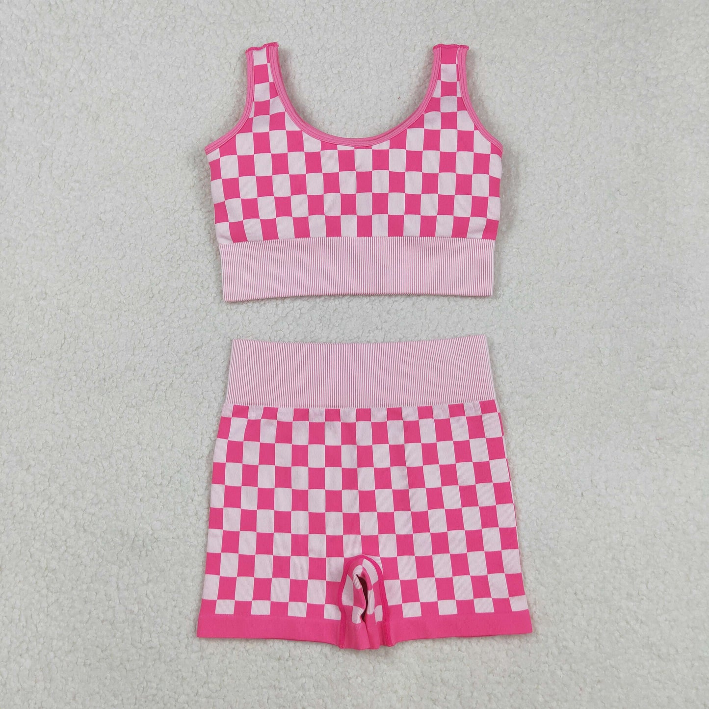 RTS NO MOQ（In Stock) GT1190+SS0645 Adult Women's Pink and White Checkered Tank Top Shorts set