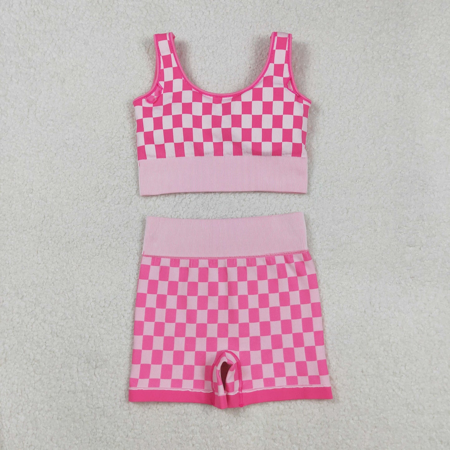 RTS NO MOQ（In Stock) GT1190+SS0645 Adult Women's Pink and White Checkered Tank Top Shorts set