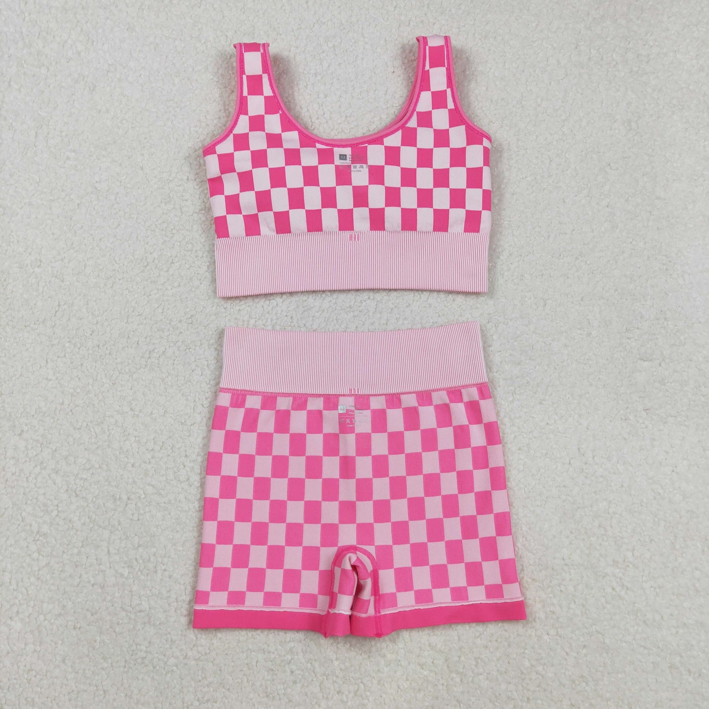 RTS NO MOQ（In Stock) GT1190+SS0645 Adult Women's Pink and White Checkered Tank Top Shorts set