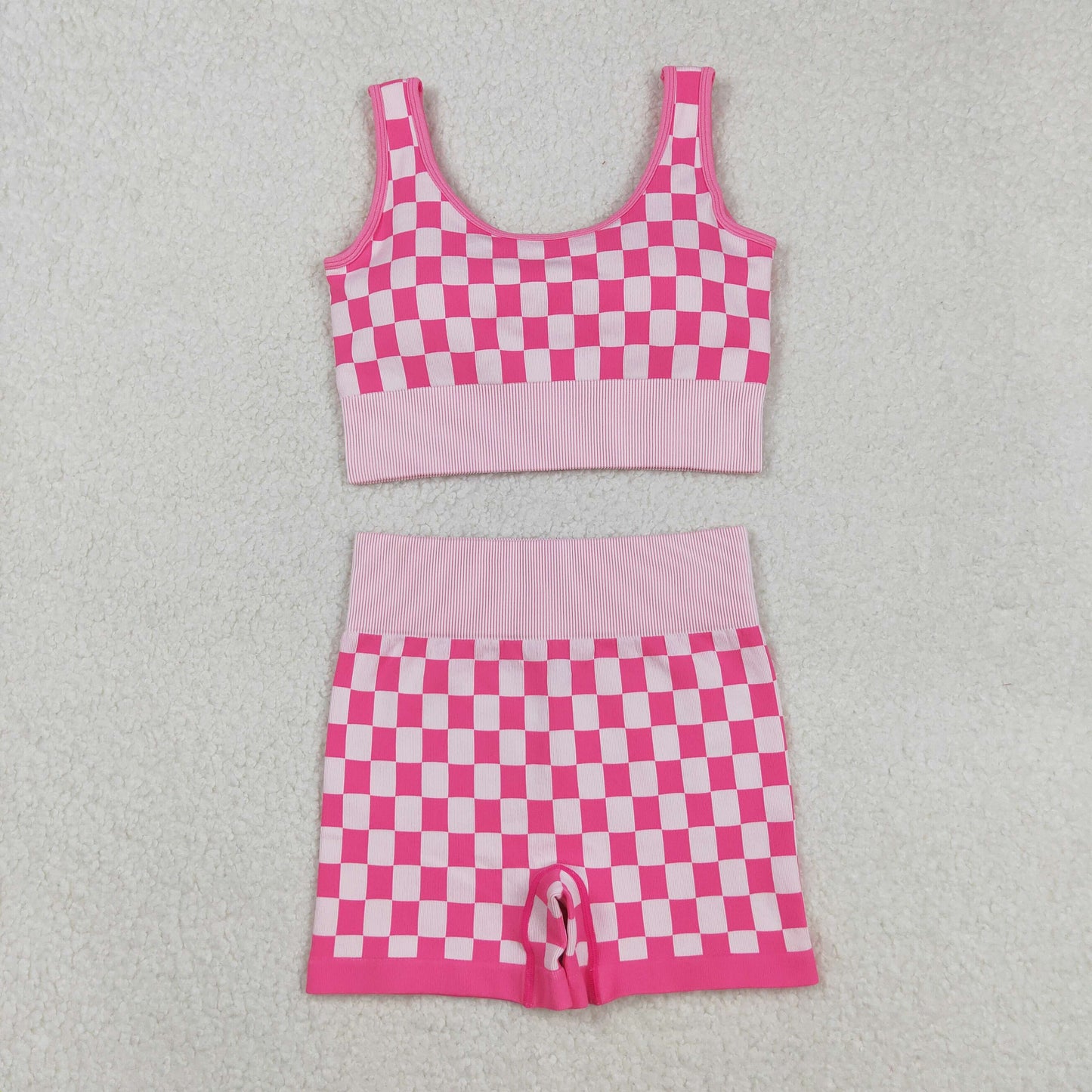 RTS NO MOQ（In Stock) GT1190+SS0645 Adult Women's Pink and White Checkered Tank Top Shorts set