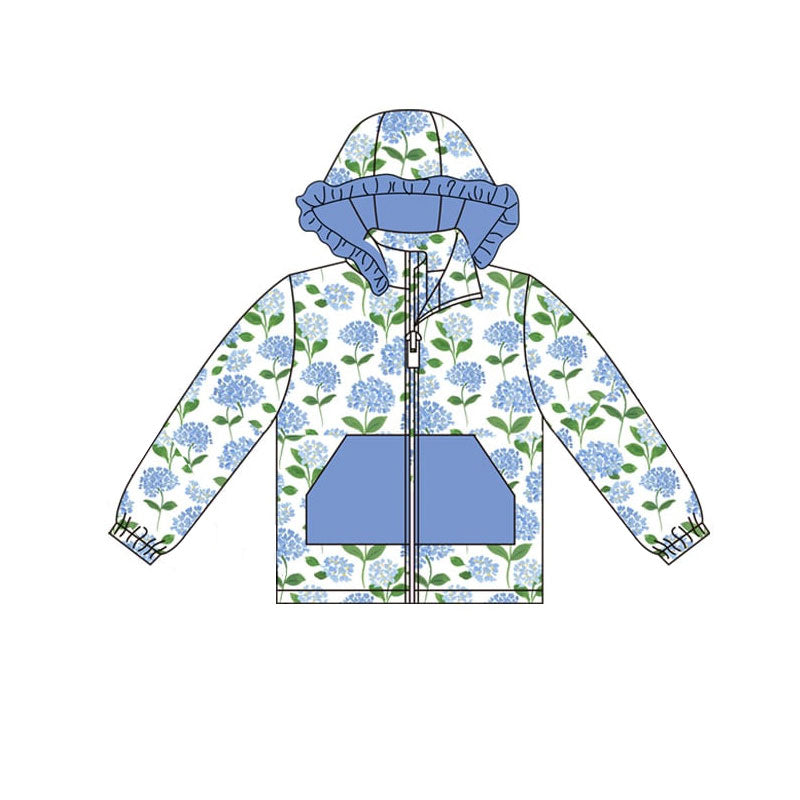 (Pre Order) No moq GT1245 pre-order toddler girl clothes floral blue hooded long Sleeve Top -2025.9.19