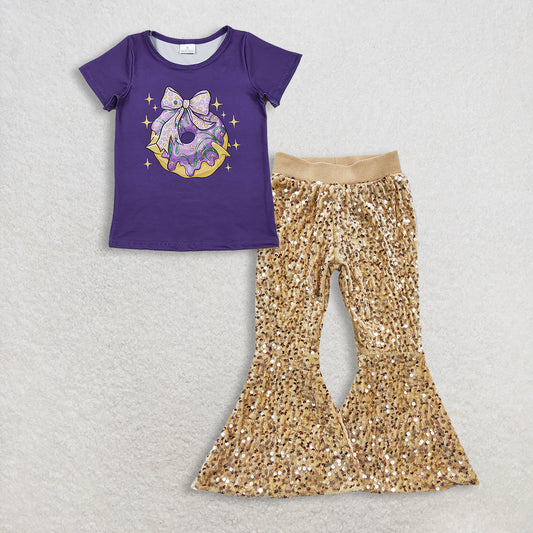 RTS NO MOQ（In Stock) GT1252+P0110 Baby Girls Mardi Gras Outfit Set with Flutter Sleeve Top And Sequin Pants Purple Cute And Festive Children's Clothing