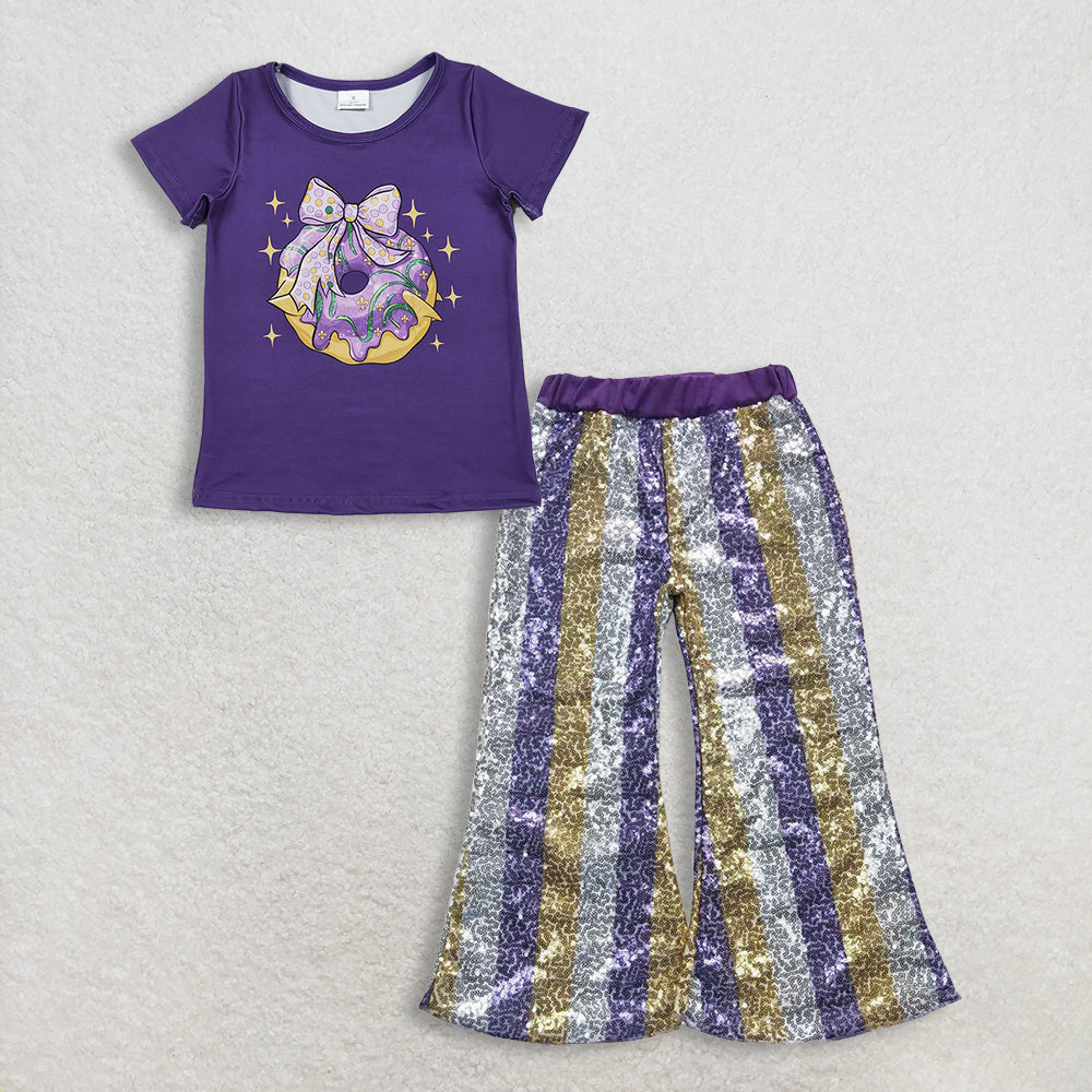 RTS NO MOQ（In Stock) GT1252+P0276 Baby Girls Mardi Gras Outfit Set with Flutter Sleeve Top And Sequin Pants Purple Cute And Festive Children's Clothing