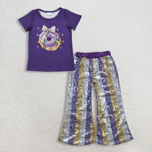 RTS NO MOQ（In Stock) GT1252+P0276 Baby Girls Mardi Gras Outfit Set with Flutter Sleeve Top And Sequin Pants Purple Cute And Festive Children's Clothing