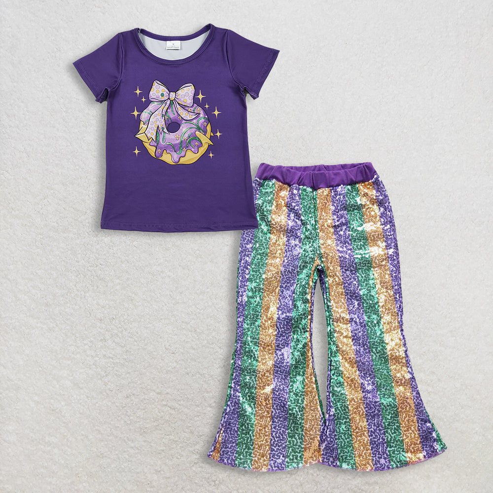RTS NO MOQ（In Stock) GT1252+P0277 Baby Girls Mardi Gras Outfit Set with Flutter Sleeve Top And Sequin Pants Purple Cute And Festive Children's Clothing