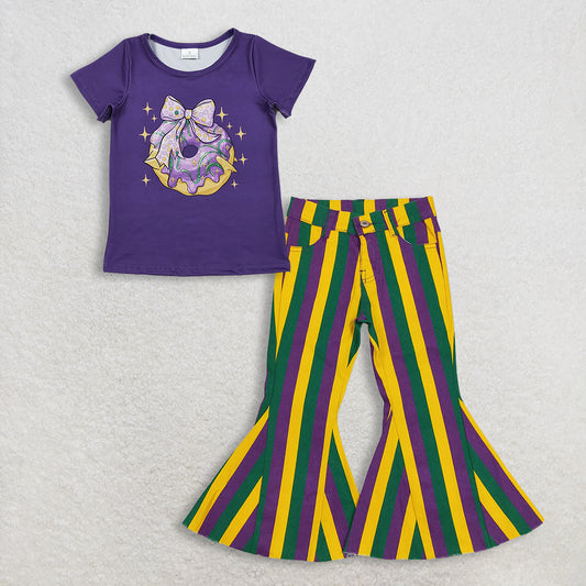 RTS NO MOQ（In Stock) GT1252+P0327 mardi gras bow short-sleeved top jeans pants set