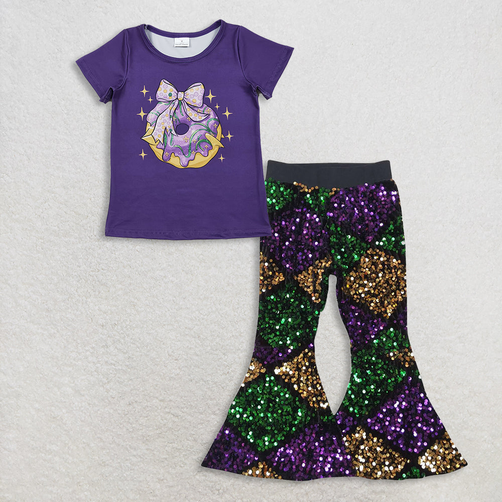 RTS NO MOQ（In Stock) GT1252+P0359 mardi gras short-sleeved top purple sequined pants set