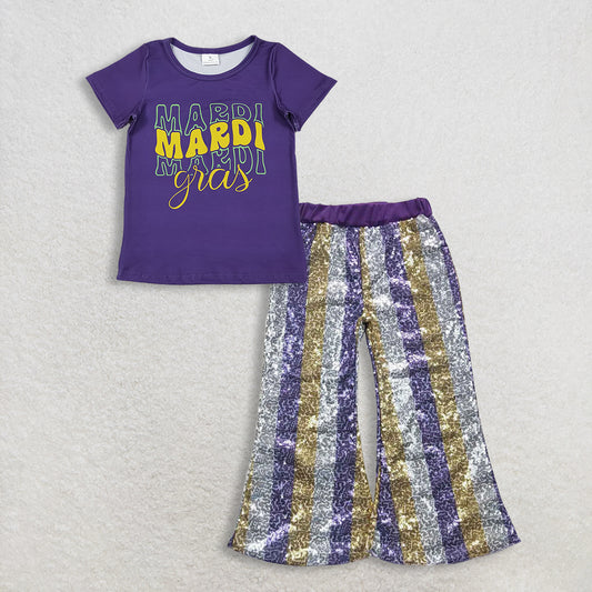 RTS NO MOQ（In Stock) GT1253+P0276 mardi gras bow short-sleeved top sequined pants set