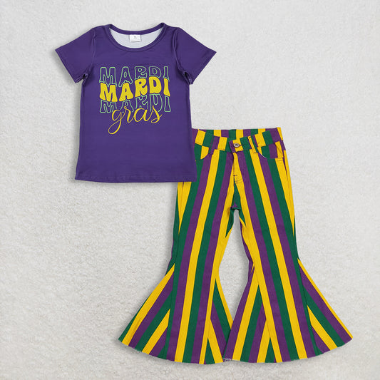 RTS NO MOQ Sibling Baby Girls Mardi Gras Outfit Set and top and jeans pants