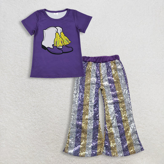 RTS NO MOQ（In Stock) GT1254+P0276 mardi gras bow short-sleeved top purple sequined pants set