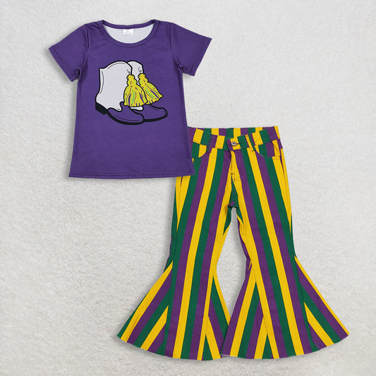 RTS NO MOQ（In Stock) GT1254+P0327 mardi gras bow short-sleeved top jeans pants set