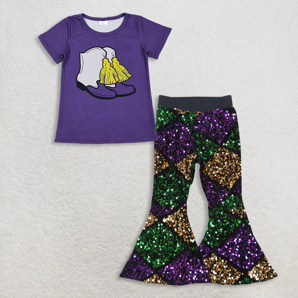 RTS NO MOQ（In Stock) GT1254+P0359 mardi gras short-sleeved top purple sequined pants set