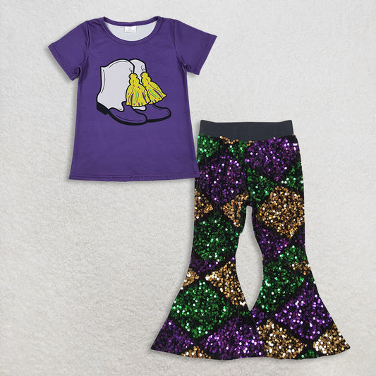 RTS NO MOQ（In Stock) GT1254+P0359 mardi gras short-sleeved top purple sequined pants set