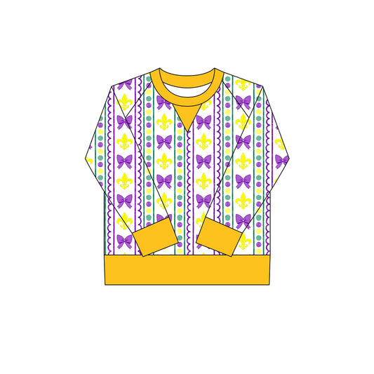 (Pre Order) No moq GT1269 pre-order toddler girl clothes yoga mardi gras bow long Sleeve Top -2025.9.29