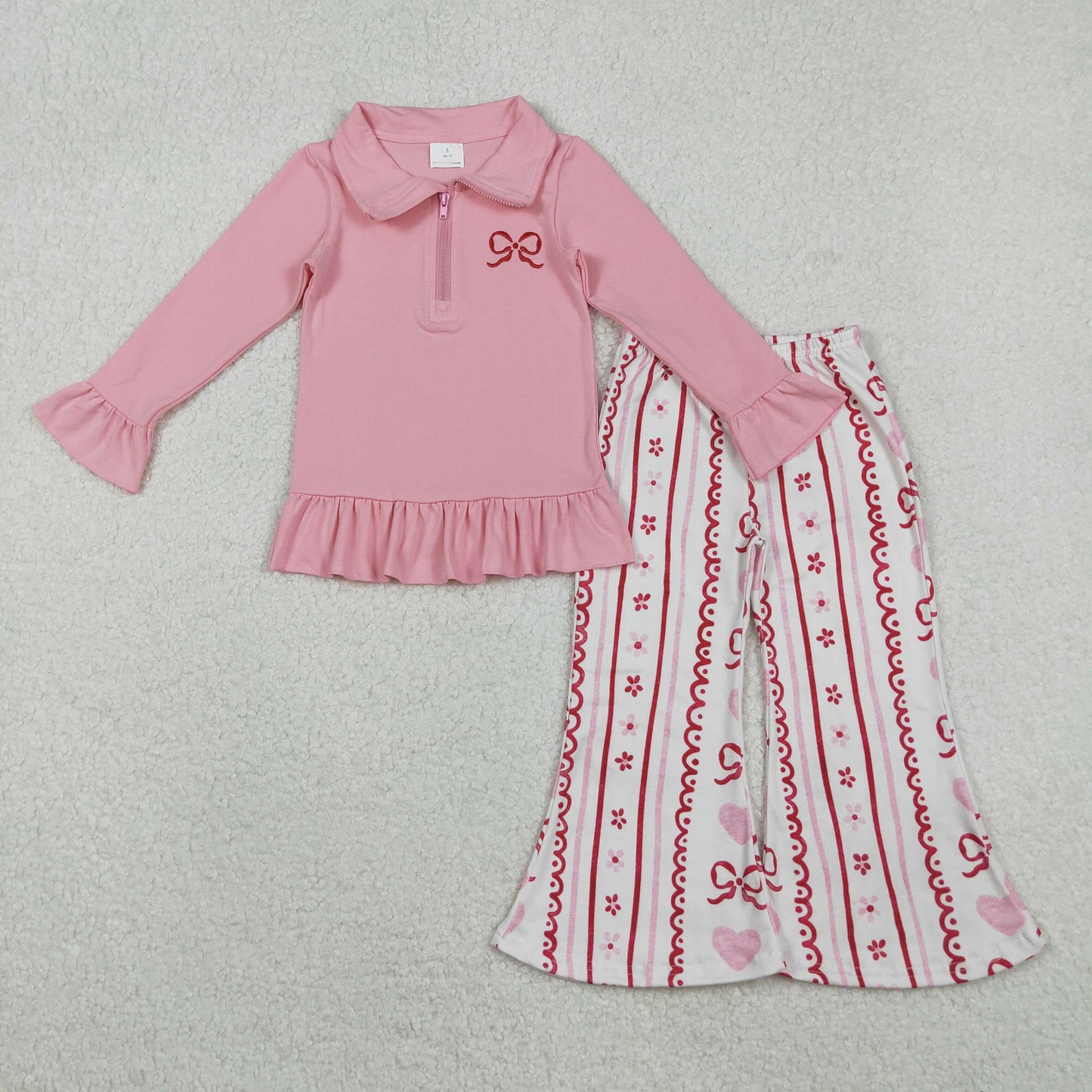 RTS NO MOQ（In Stock ) GT1270+P0894 Embroidered Red Bow Pink Lace Zipper Long-Sleeve Top Heart Pants set-GLP2934