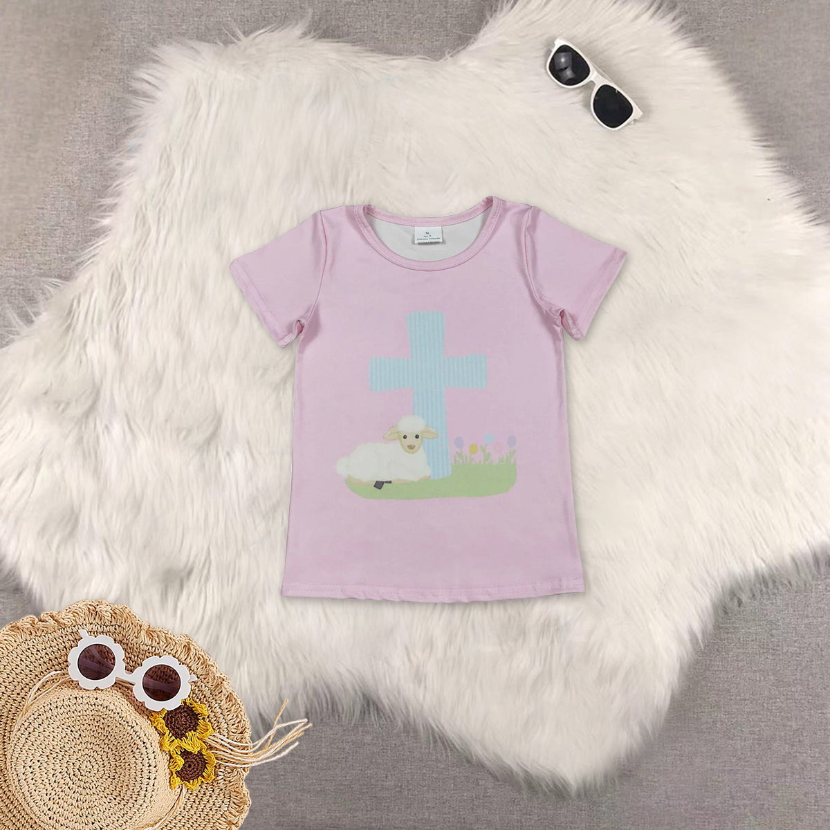 RTS NO MOQ Sibling baby girl boy clothes easter Sheep Cross Pink Short-Sleeve Tops
