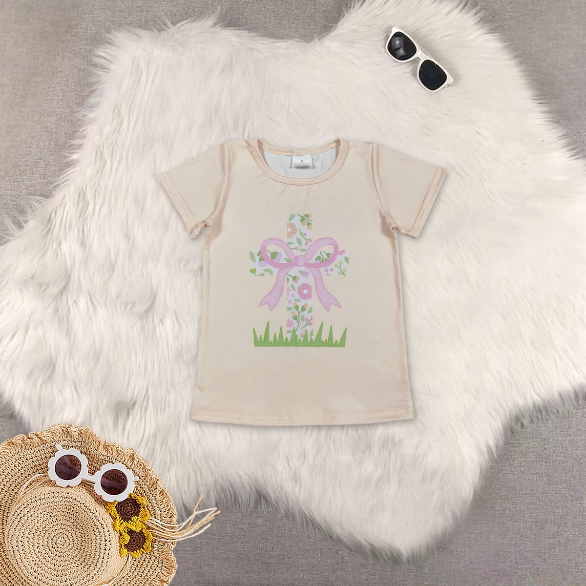 RTS NO MOQ Sibling baby girl boy clothes easter Sheep Cross Pink Short-Sleeve Tops