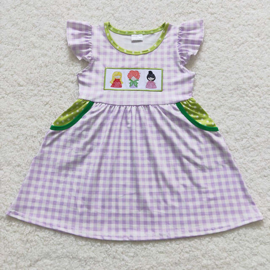 GSD0451 hocus embroidery witch purple white plaid pocket fly sleeve dress