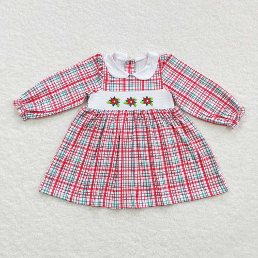 GLD0300 Girls Christmas Red Plaid Long Sleeve Dress with Embroidered Flowers