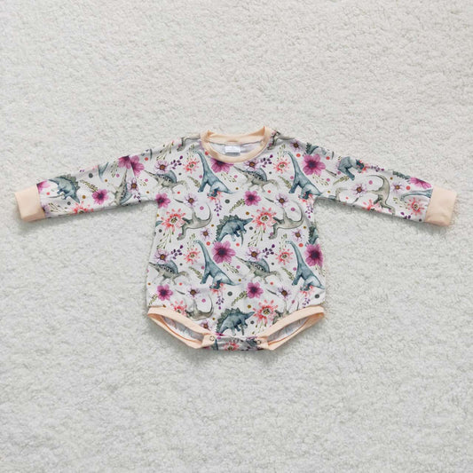 LR0436 Dinosaur flower milky white long-sleeved jumpsuit