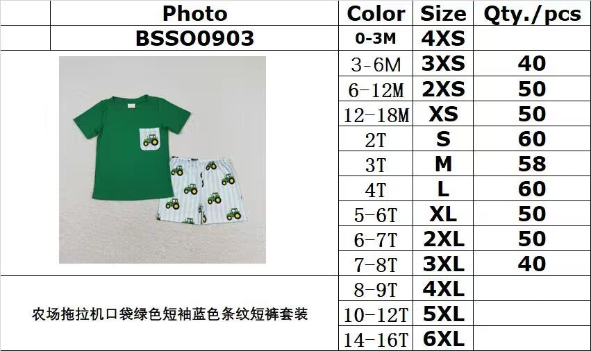 RTS NO MOQ  BSSO0903 Farm Tractor Pocket Green Short Sleeve Blue Stripe Shorts Outfit