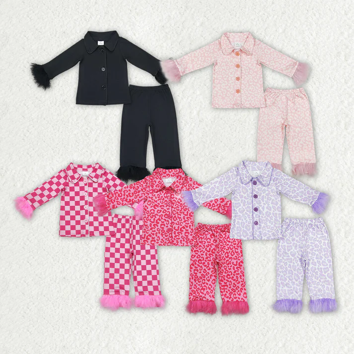 RTS NO MOQ Baby Girls Sister Sibling Buttons Top Pants Fur Pajamas Clothes Sets