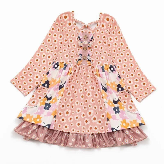 custom moq 5 eta 6-7weeks Autumn Flower Long Sleeve Button Flower Mustard Color Long Sleeve Dress