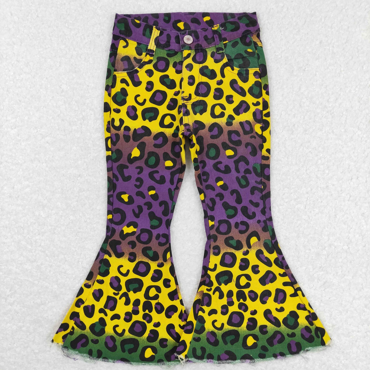 P0314 Leopard print yellow green purple denim trousers