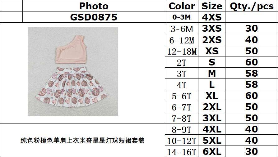 GSD0875 Solid pink and orange one-shoulder top Mickey star light ball skirt suit