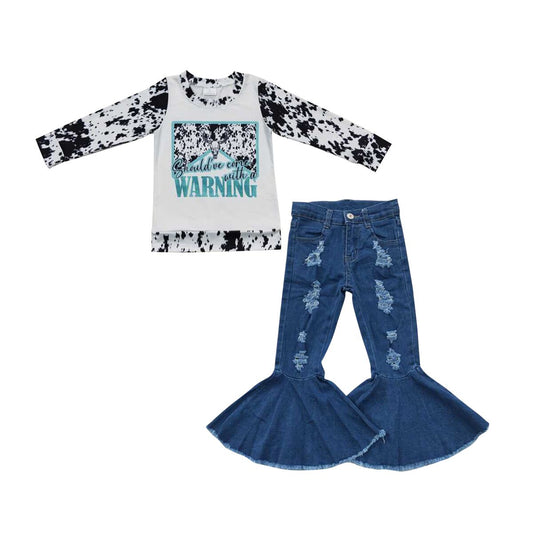 GT0294 warningAlpine cow head and cow pattern white long-sleeved top+P0133 Blue ripped denim flared trousers