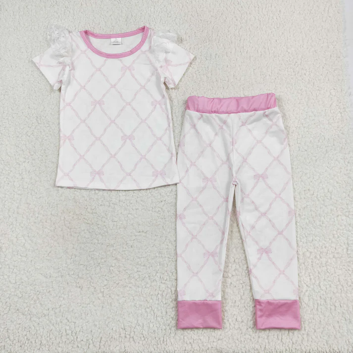 RTS NO MOQ Baby Girls Bamboo Pink Bows Sibling Rompers Bamboo Pajamas Clothes Sets