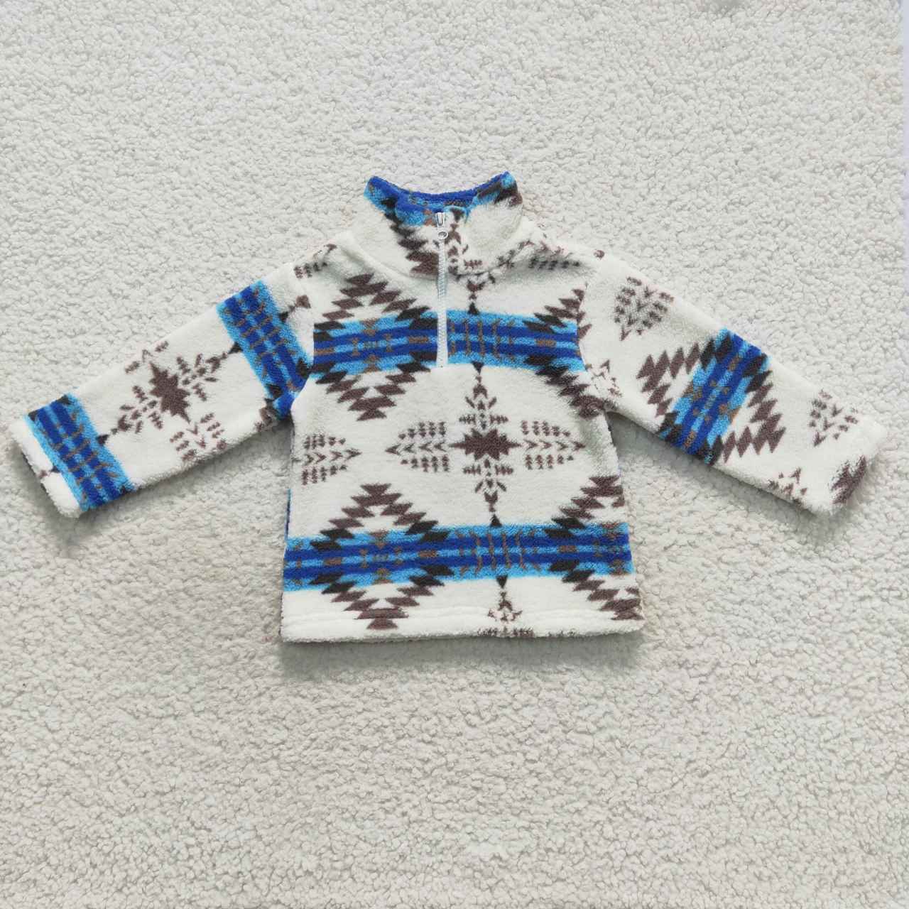 BT0354 aztec geometric blue and white zip up fleece jacket long sleeve top