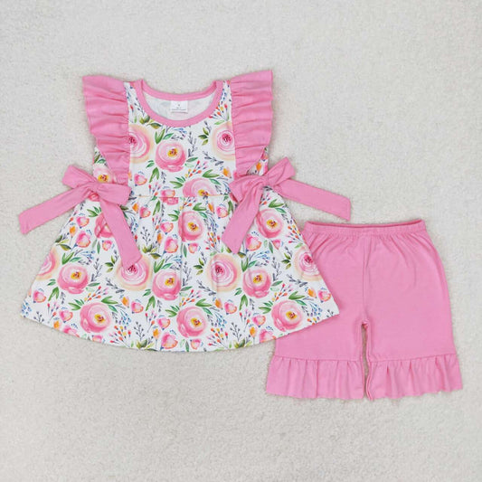 RTS NO MOQ GSSO1003 Flower pink lace bow sleeveless shorts set