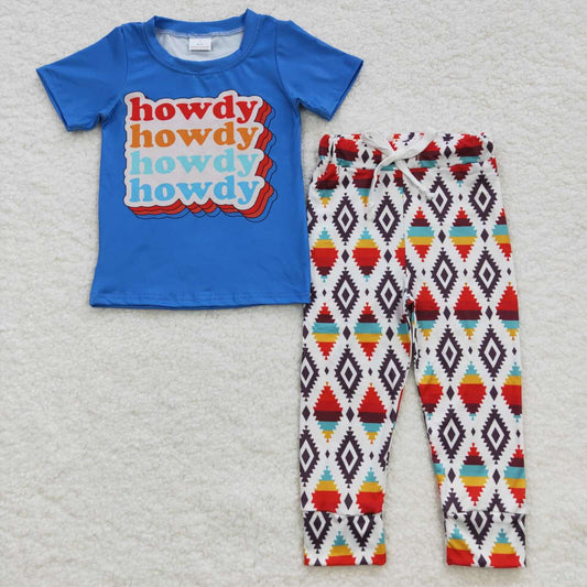 BSPO0137 howdy letter blue short sleeve aztec graphic pant suit