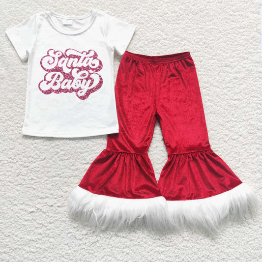 GSPO0791 Santa baby letter white short-sleeved crimson trouser suit