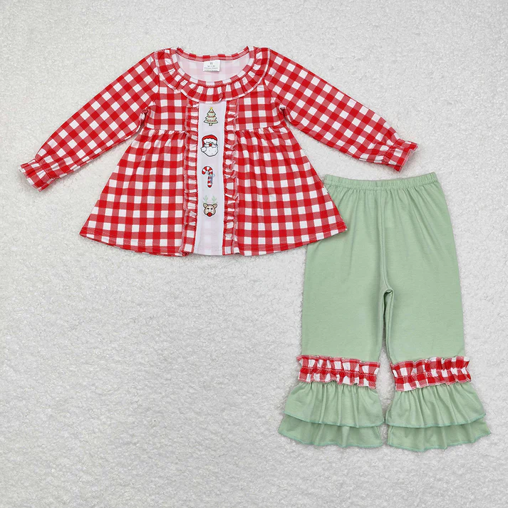 RTS NO MOQ Shipping time 5-7days embroidery Checkered Santa Christmas Sibling Rompers Dresses Clothes Sets