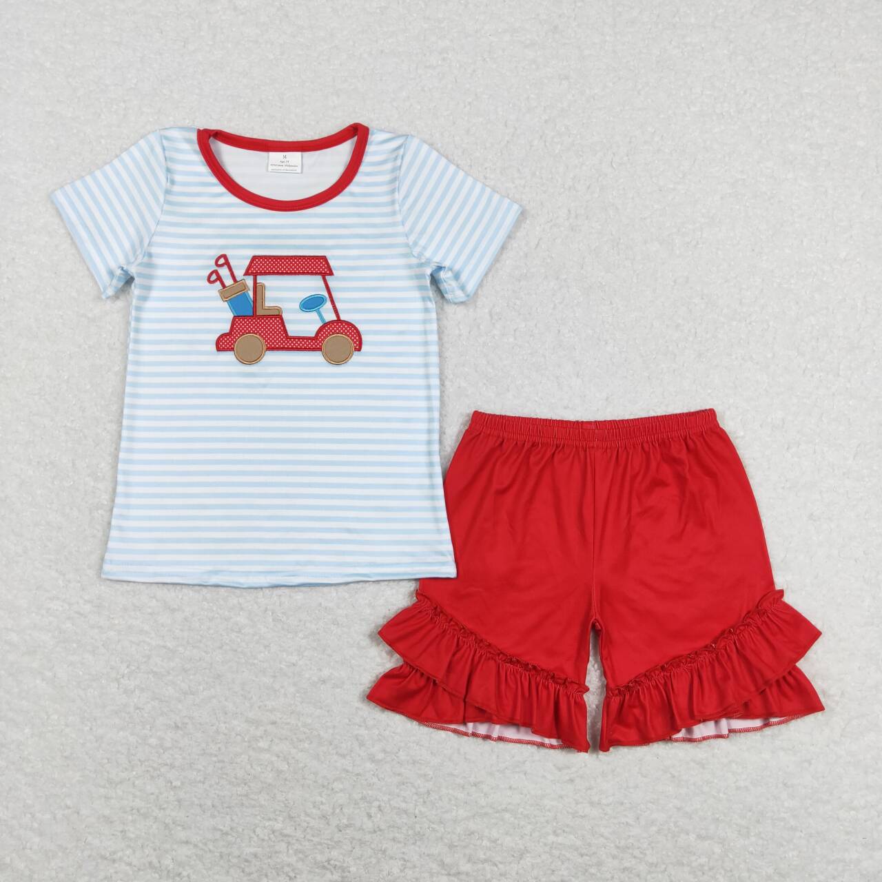 RTS NO MOQ（In Stock) GSSO0432 Embroidered Golf Sightseeing Car Blue and White Striped Short Sleeve Red Shorts Suit