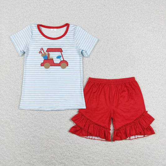 RTS NO MOQ（In Stock) GSSO0432 Embroidered Golf Sightseeing Car Blue and White Striped Short Sleeve Red Shorts Suit